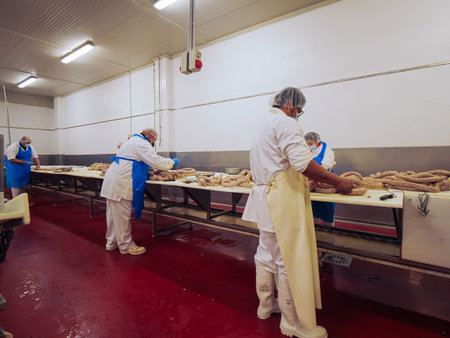 Meat processing workers preparing fresh sausages on a production line in a modern butchery facility,...