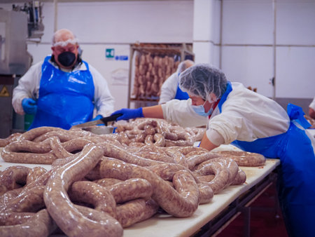 Workers in a sterile food processing plant wear protective clothing, hairnets, masks and aprons as they handle and arrange large quantities of raw sausages on a stainless steel table for productionの写真素材