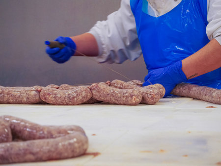 Butcher hands wearing blue gloves and apron linking raw pork sausages, preparing traditional meat products in a food processing factory for fresh distribution and saleの写真素材