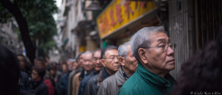 A group of senior men with gray hair stand in a queue on a city street, their faces showing anticipation and focusの素材