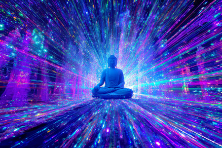 A serene Buddha figure sits in meditation amidst a dazzling, dynamic display of colorful light trails, creating an ethereal and cosmic atmosphereの素材