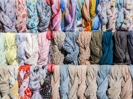 Sale of colored scarvesの写真素材