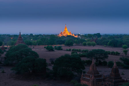 Bagan temple lights up at night at the plainsの写真素材