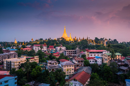 Shwedagon Pagoda Glows during a beautiful sunsetの写真素材