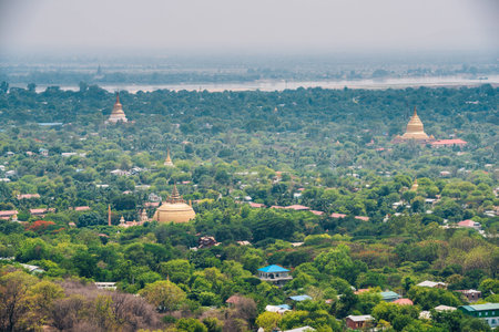 View of a thousand temples on Sagaing Hill on a summer's dayの写真素材