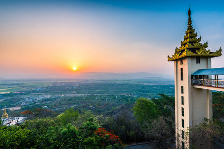 Gorgeous and dramatic sunrise at Mandalay hill Myanmarの写真素材