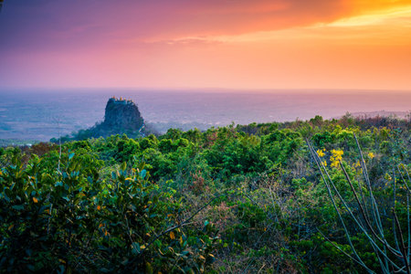 Sunset view of Taung Kalat temple at Mount Popa, Myanmarの写真素材
