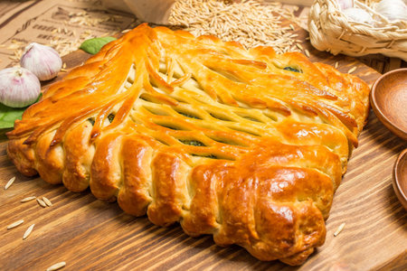 homemade pie with onions and eggsの写真素材