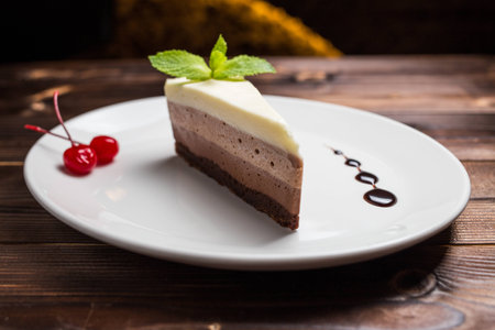 Three chocolate mousse cake slice on white plate, restaurantの写真素材