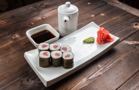 Traditional japanese sushi roll with tuna. As a whole background.の写真素材