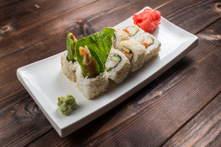 Fuji roll Salmon teriyaki crab tomatoの写真素材