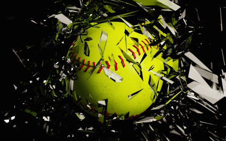 a 3d render of a softball breaking glass against a black backgroundの写真素材