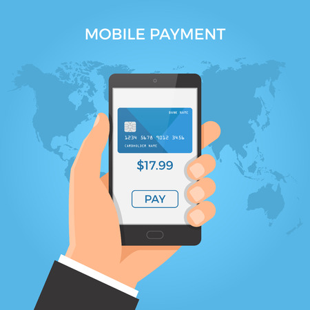 Mobile payment concept. Hand holding smartphone with credit card and button on the screen.のイラスト素材