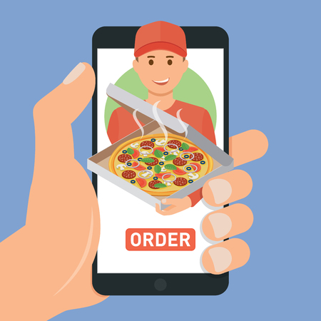 Pizza delivery service. E-buy pizza using a smartphoneのイラスト素材