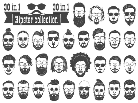 Superset of 30 hipsters bearded men with different hairstyles, mustaches, beards isolated on white background.のイラスト素材