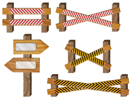 Fence, wooden signboards, arrow sign. Barrage, stop sign. Vector set.のイラスト素材