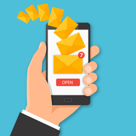 Smartphone with new message concept. Hand holding smartphone with email symbol on the screen. Vector illustration.のイラスト素材
