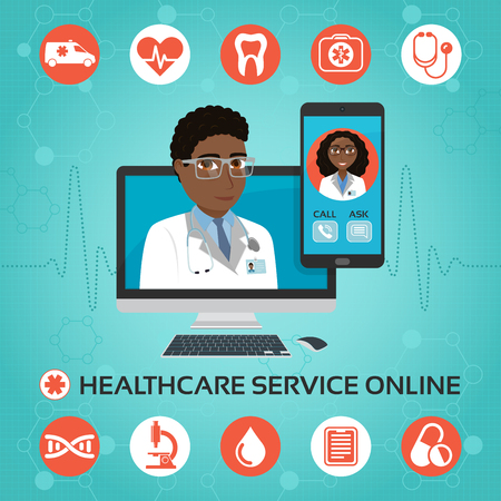 Healthcare service online. Medical consultation concept with african american male doctor on the computer screen. Vector illustration.のイラスト素材