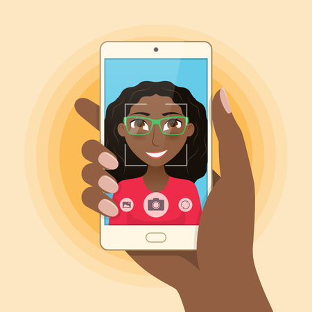 Pretty girl young woman takes selfie using a smartphone.のイラスト素材