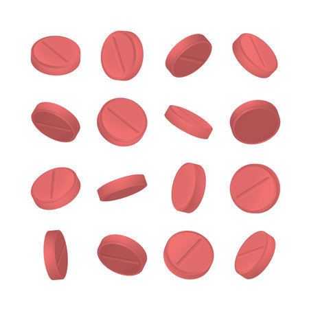 3d drugs pills in different positions on white background. Vitamin and painkiller vector illustrationのイラスト素材