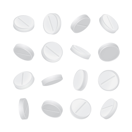 3d drugs pills in different positions on white background. Vitamin and painkiller vector illustrationのイラスト素材