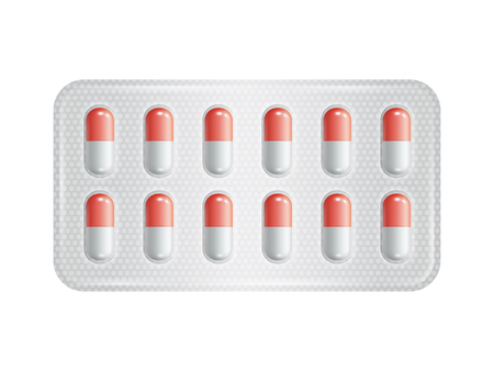 Package of pills. Group of realistic red pharmaceutical drugs. Vector illustration.のイラスト素材