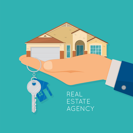 Hand holding house and key. Real estate agency concept. Vector illustrationのイラスト素材