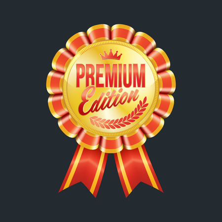 Set of excellent quality red badges with gold border. Vector illustrationのイラスト素材