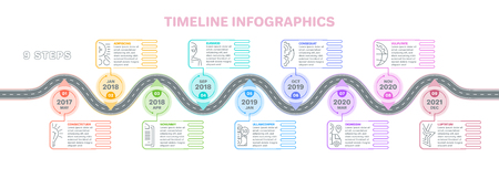 Navigation map infographics 9 steps timeline concept. Creative flat style winding road. Vector illustration.のイラスト素材