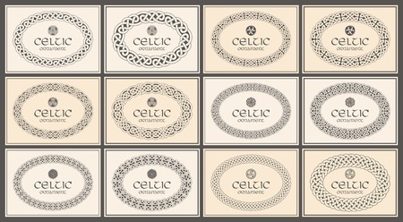 Celtic knot braided oval frame border ornament. A4 size. Vector illustration set.のイラスト素材