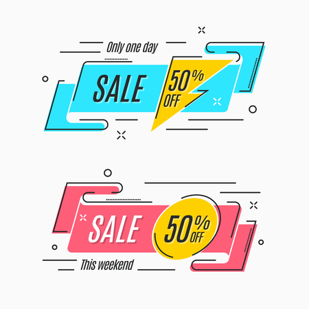 Flat linear promotion ribbon banner, scroll, price tag, sticker, badge, poster Vector illustrationのイラスト素材