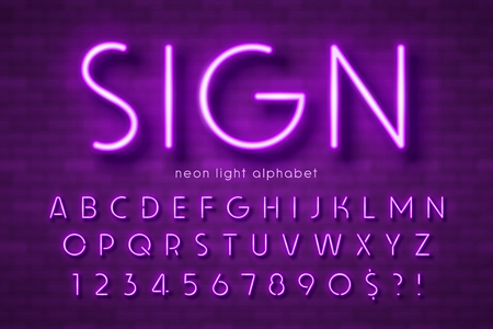 Neon light alphabet, extra glowing font. Swatch color control.のイラスト素材