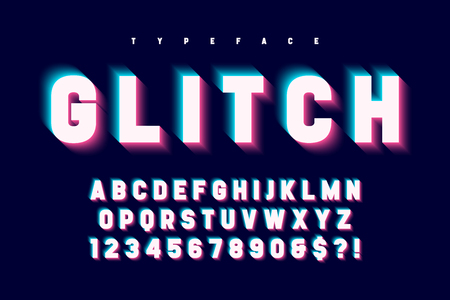 Glitched glowing display font design, alphabet, typeface, letters and numbers, typography. Swatches color controlのイラスト素材