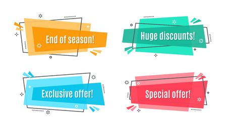 Flat linear promotion ribbon banner, scroll, price tag, sticker, badge, poster Vector illustrationのイラスト素材