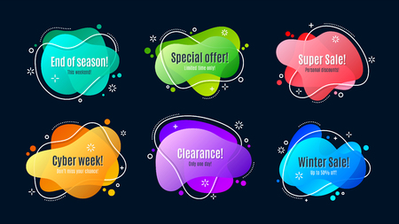 Flat linear promotion ribbon banner, scroll, price tag, sticker, badge, poster Vector illustration setのイラスト素材