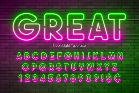 Neon light alphabet, multicolored extra glowing font.のイラスト素材
