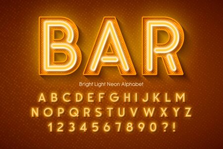 Neon light 3d alphabet, extra glowing font. Swatch color control.のイラスト素材