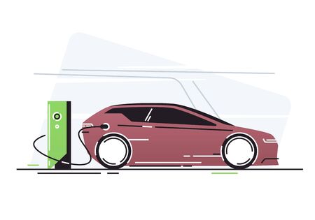 Electric car at vehicle charging station. Vector illustrationのイラスト素材