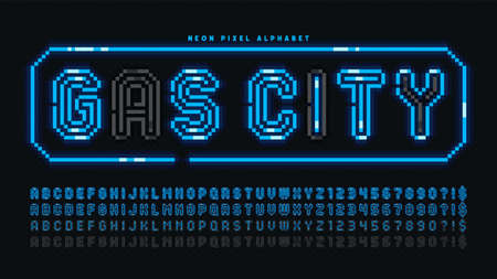 Pixel neon alphabet design, arcade style. High contrast, retro-futuristic.のイラスト素材