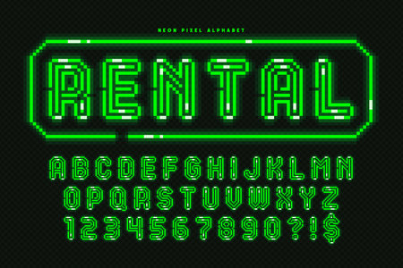 Pixel neon alphabet design, arcade style. High contrast, retro-futuristic.のイラスト素材