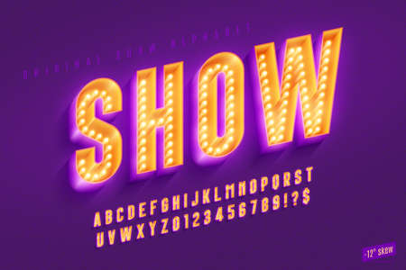 Retro show alphabet design, cabaret, LED lamps letters and numbers.のイラスト素材