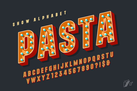 Retro show alphabet design, cabaret, LED lamps letters and numbers.のイラスト素材