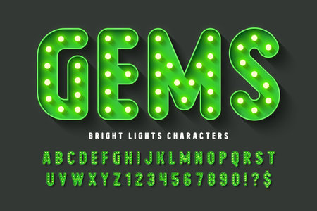 111Retro cinema alphabet design, cabaret, warm lamps letters and numbers.のイラスト素材