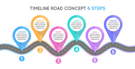 Timeline infographic 6 steps timeline concept. Winding road.のイラスト素材