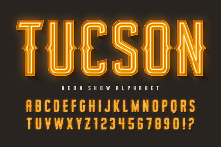 Retro circus alphabet design, cabaret, fairy neon lamps letters and numbers.のイラスト素材