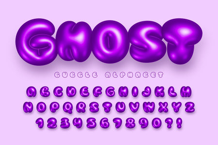 Purple bubble alphabet, inflated letters and numbers.のイラスト素材