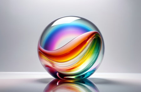Colorful glass sphere with reflection on white background. 3D renderingの素材