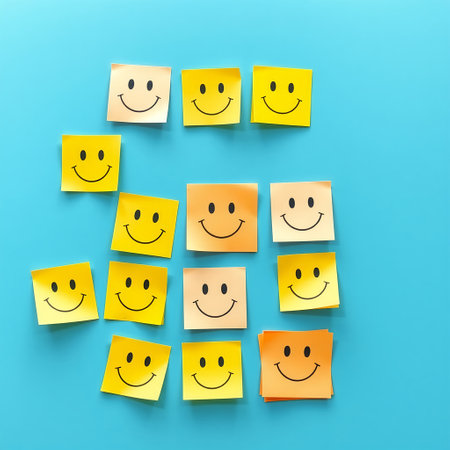 Smiley sticky notes isolated on blue background. Eps 10 vector file.の素材