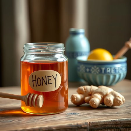 Honey in a jar with ginger and honey dipper on a wooden tableの素材