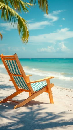 Wooden deck chair on tropical beach with turquoise ocean backgroundの素材